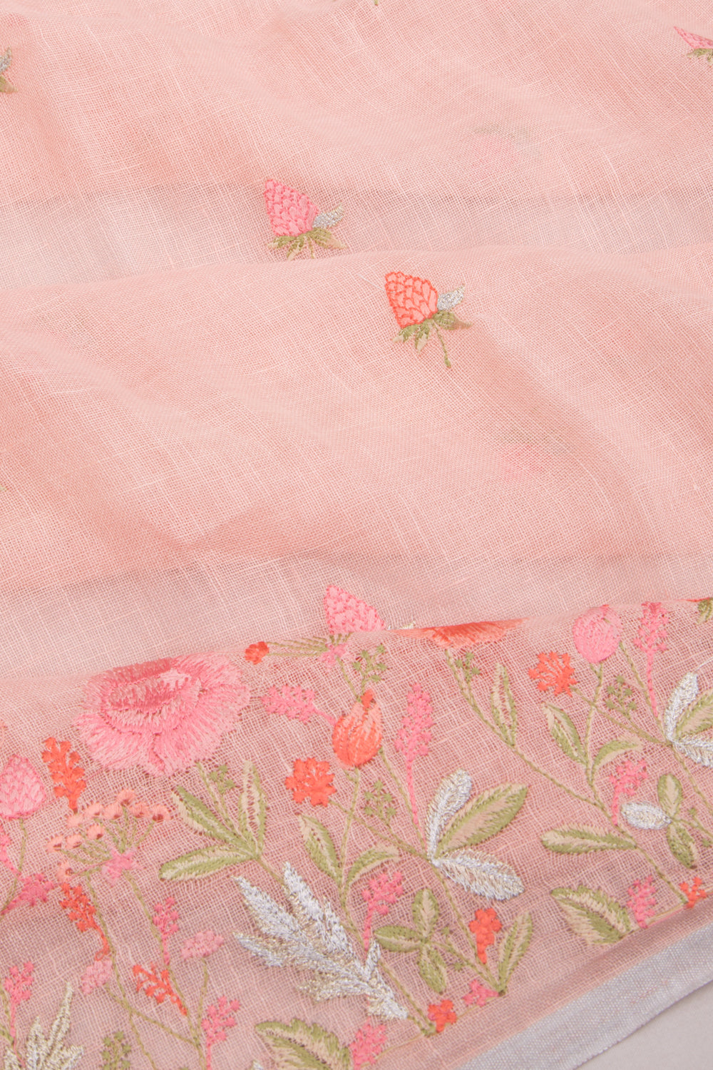Linen Embroidery Butta Peach Saree