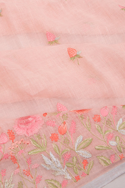 Linen Embroidery Butta Peach Saree