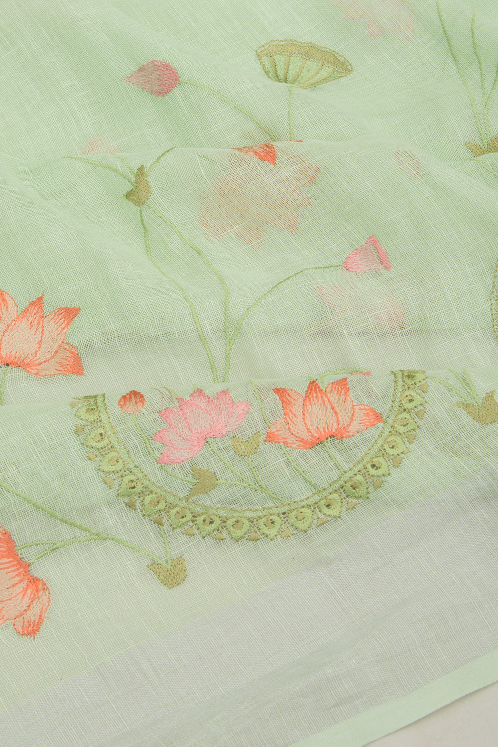 Linen Embroidery Green Saree