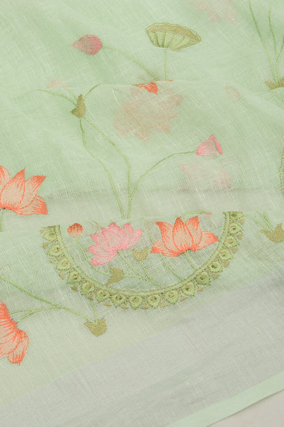 Linen Embroidery Green Saree
