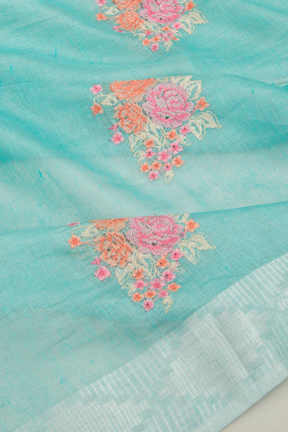 Linen Tissue Embroidery Sky Blue Saree