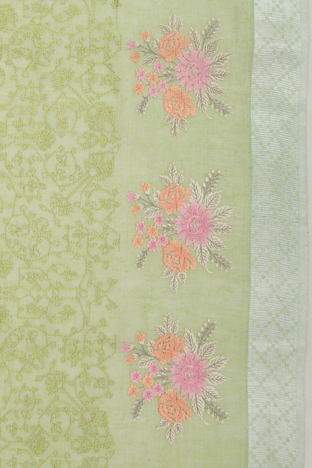 Linen Tissue Embroidery Green Saree