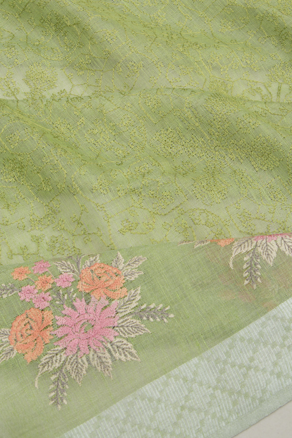 Linen Tissue Embroidery Green Saree