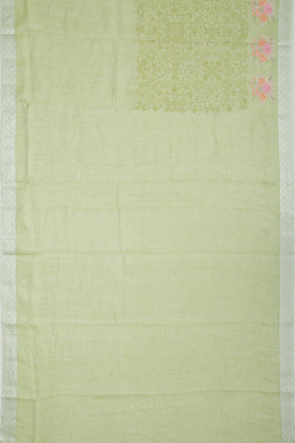 Linen Tissue Embroidery Green Saree