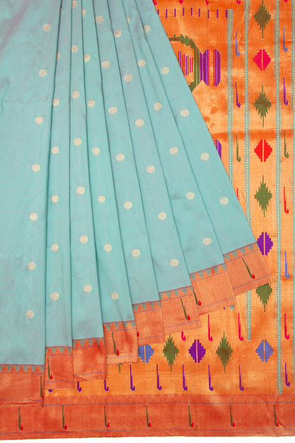 Paithani Silk Butta Cyan Blue Saree With Muniya Border