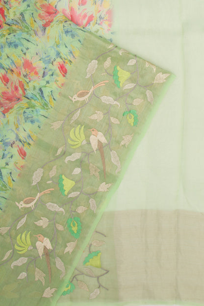 Organza Floral Printed Green Saree