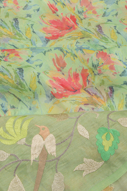 Organza Floral Printed Green Saree