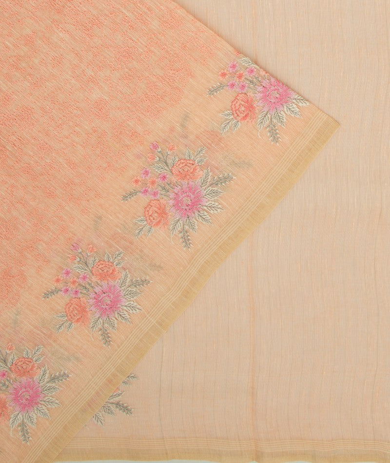 Linen Embroidery Pastel Orange Saree