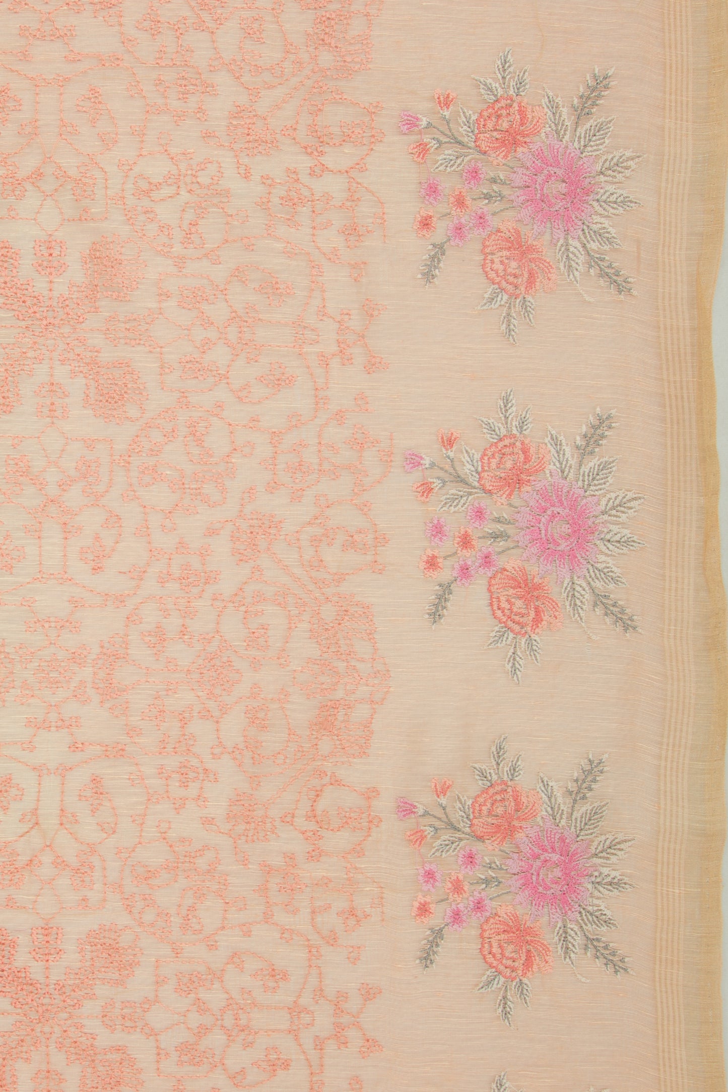 Linen Embroidery Pastel Orange Saree