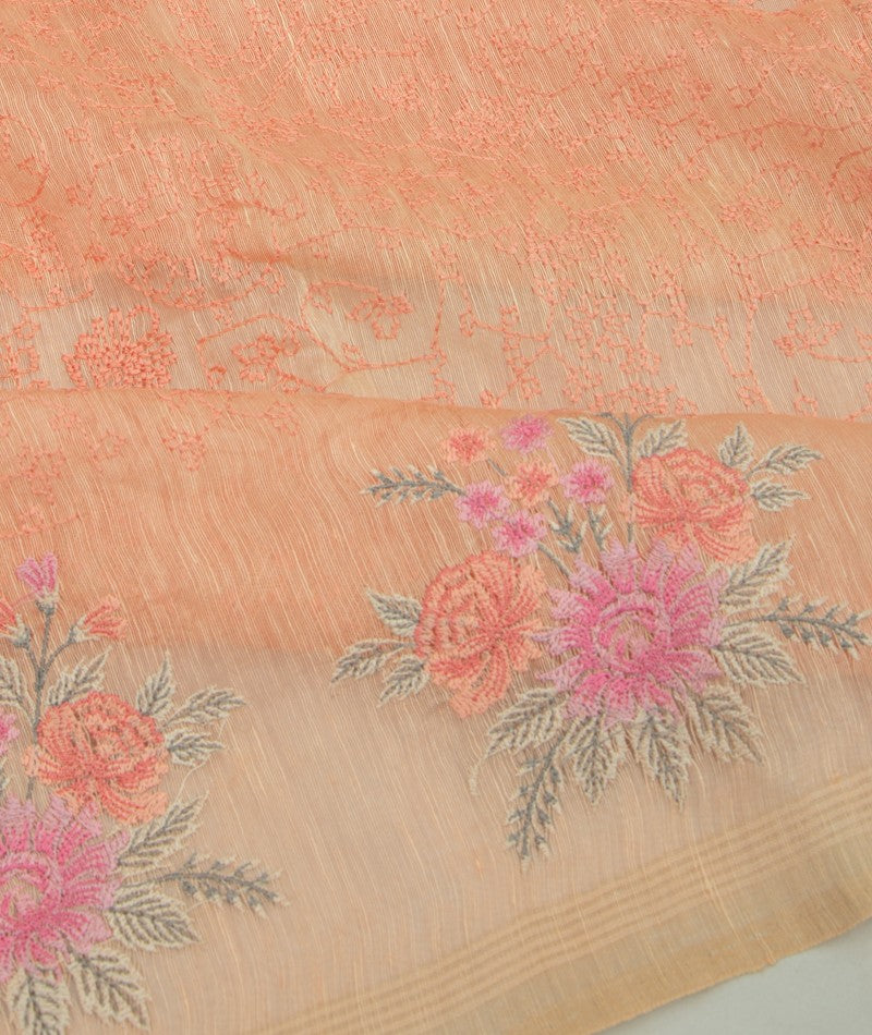 Linen Embroidery Pastel Orange Saree