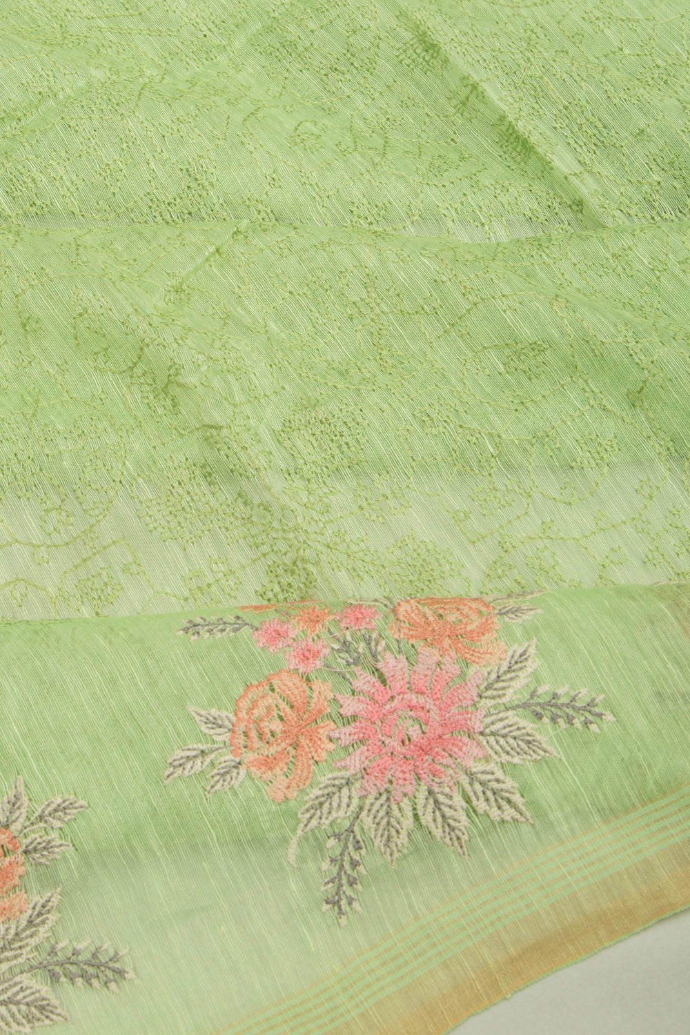 Linen Embroidery Green Saree