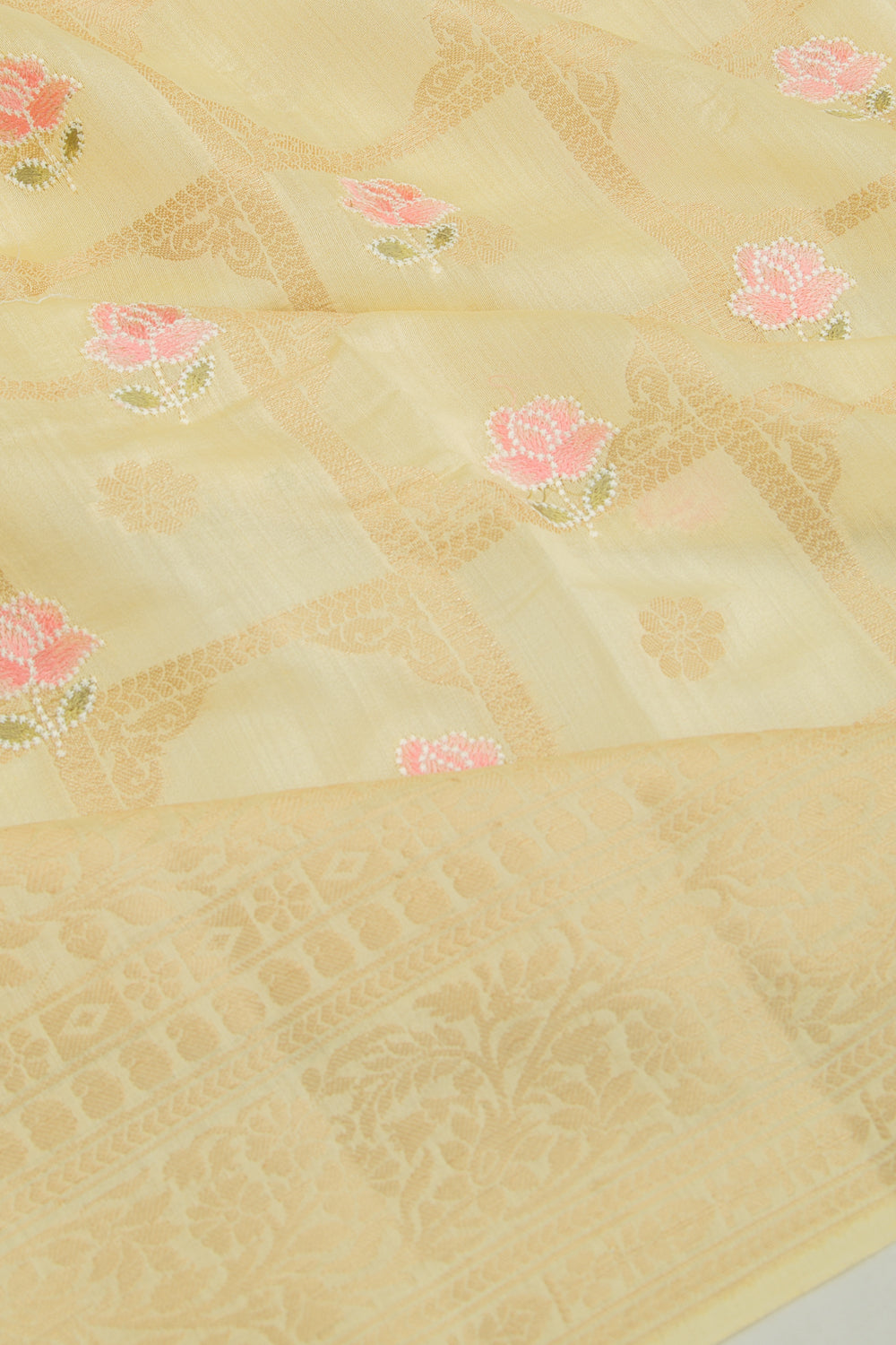 Chanderi Silk Checks And Butta Pale Yellow Saree