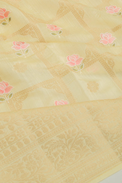 Chanderi Silk Checks And Butta Pale Yellow Saree