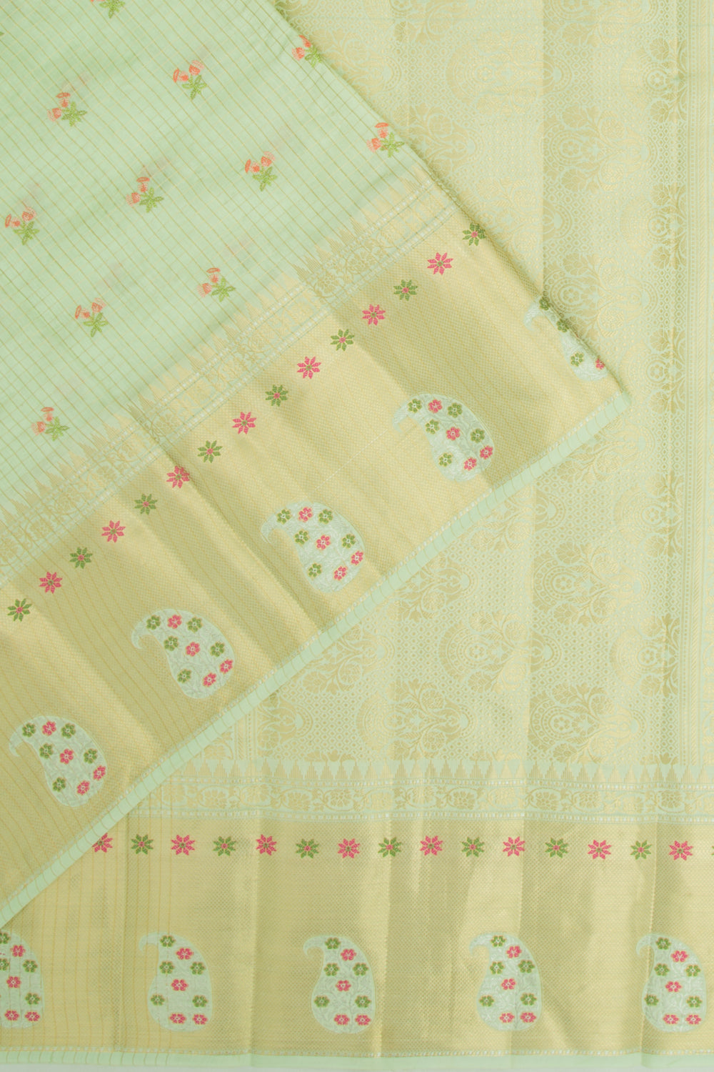 Chiniya Silk Checks And Embroidery Butta Green Saree