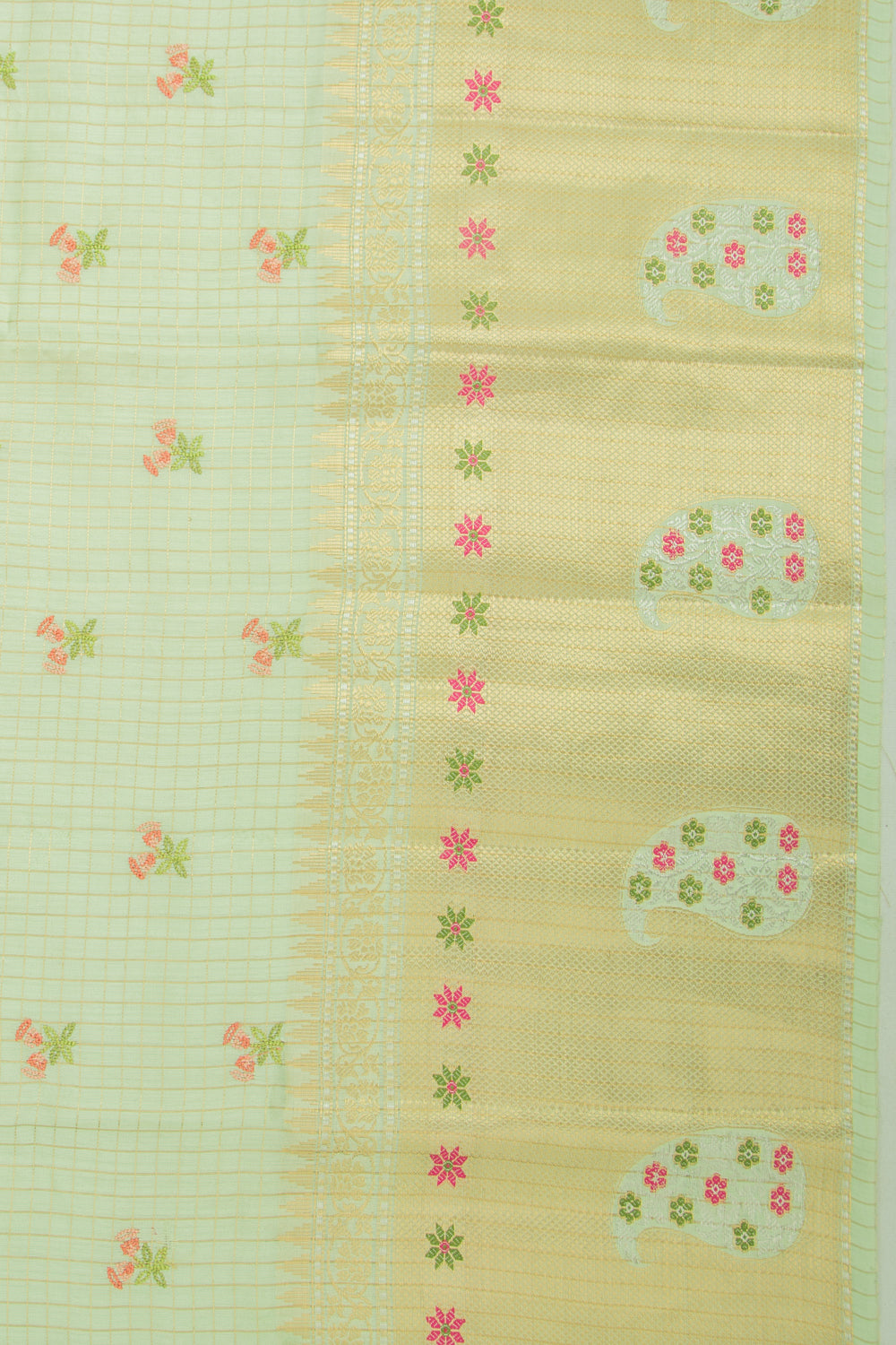 Chiniya Silk Checks And Embroidery Butta Green Saree