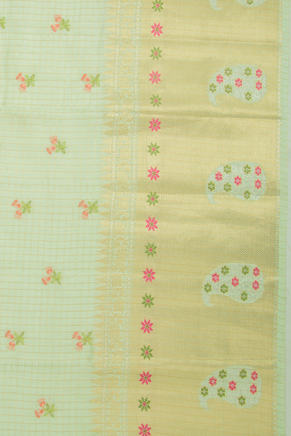 Chiniya Silk Checks And Embroidery Butta Green Saree
