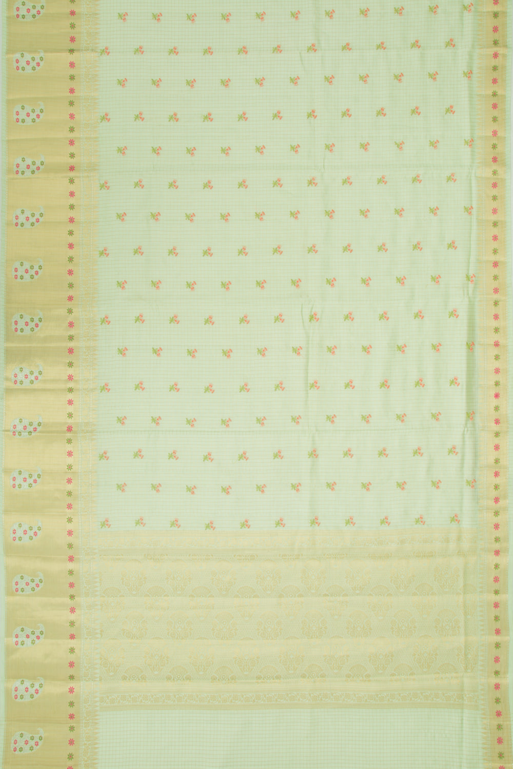 Chiniya Silk Checks And Embroidery Butta Green Saree