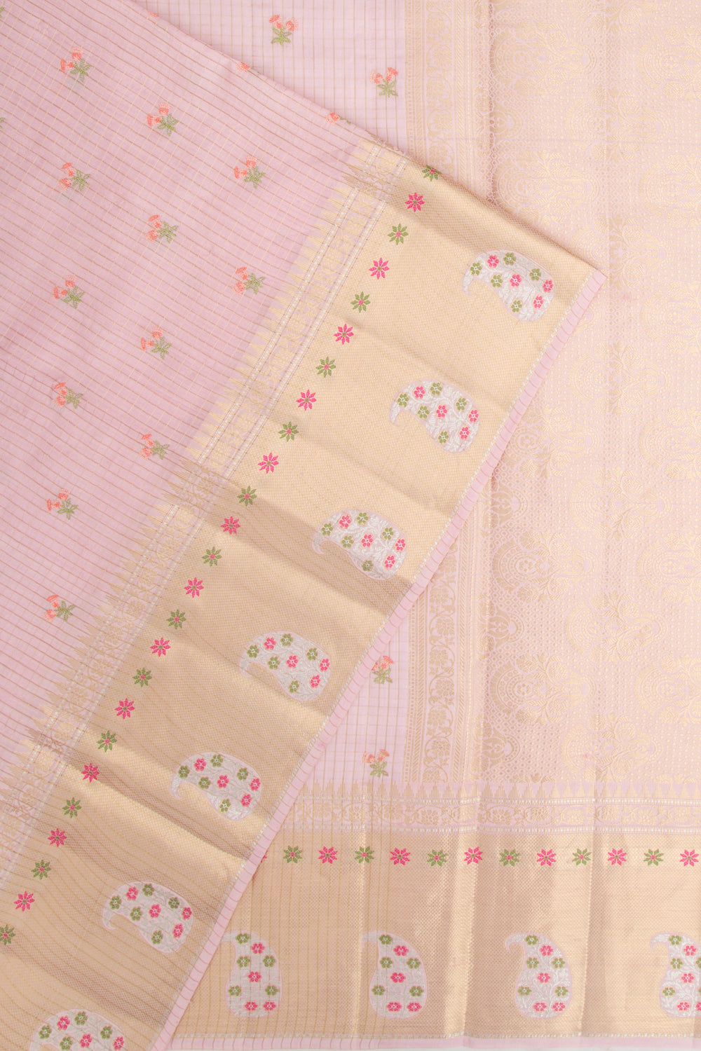 Chiniya Silk Checks And Embroidery Butta Baby Pink Saree