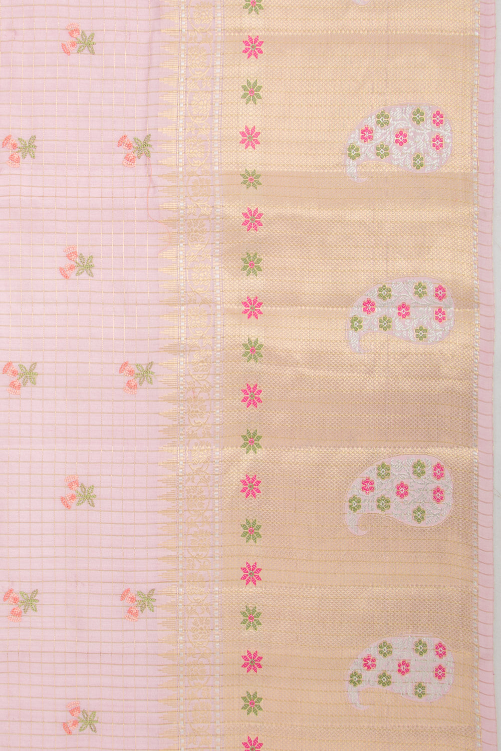 Chiniya Silk Checks And Embroidery Butta Baby Pink Saree