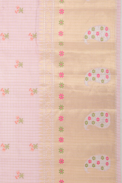 Chiniya Silk Checks And Embroidery Butta Baby Pink Saree