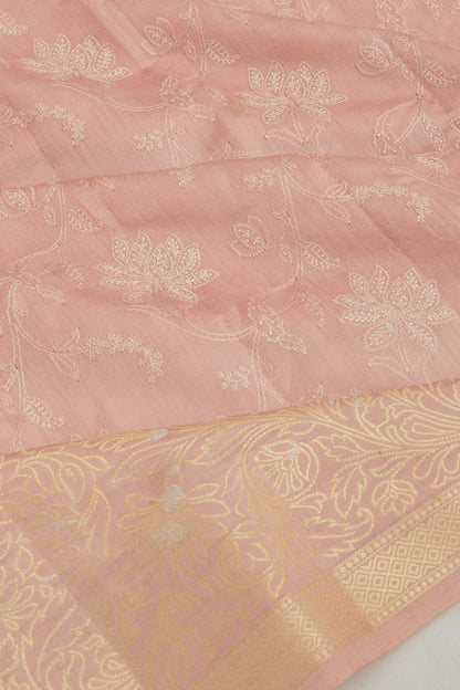 Tussar Floral Embroidery Peach Saree