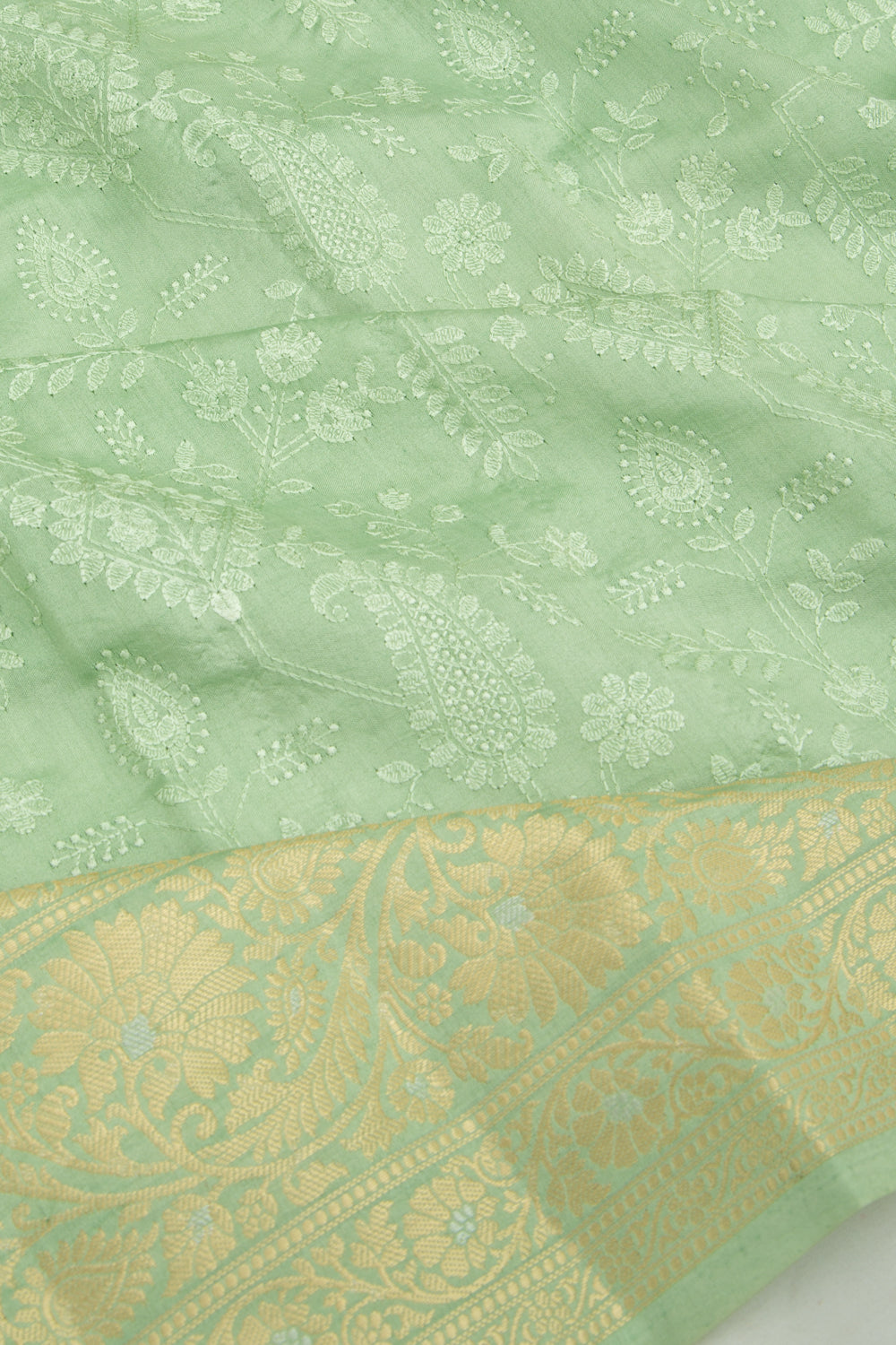 Soft Tussar Floral Embroidery Pastel Green Saree
