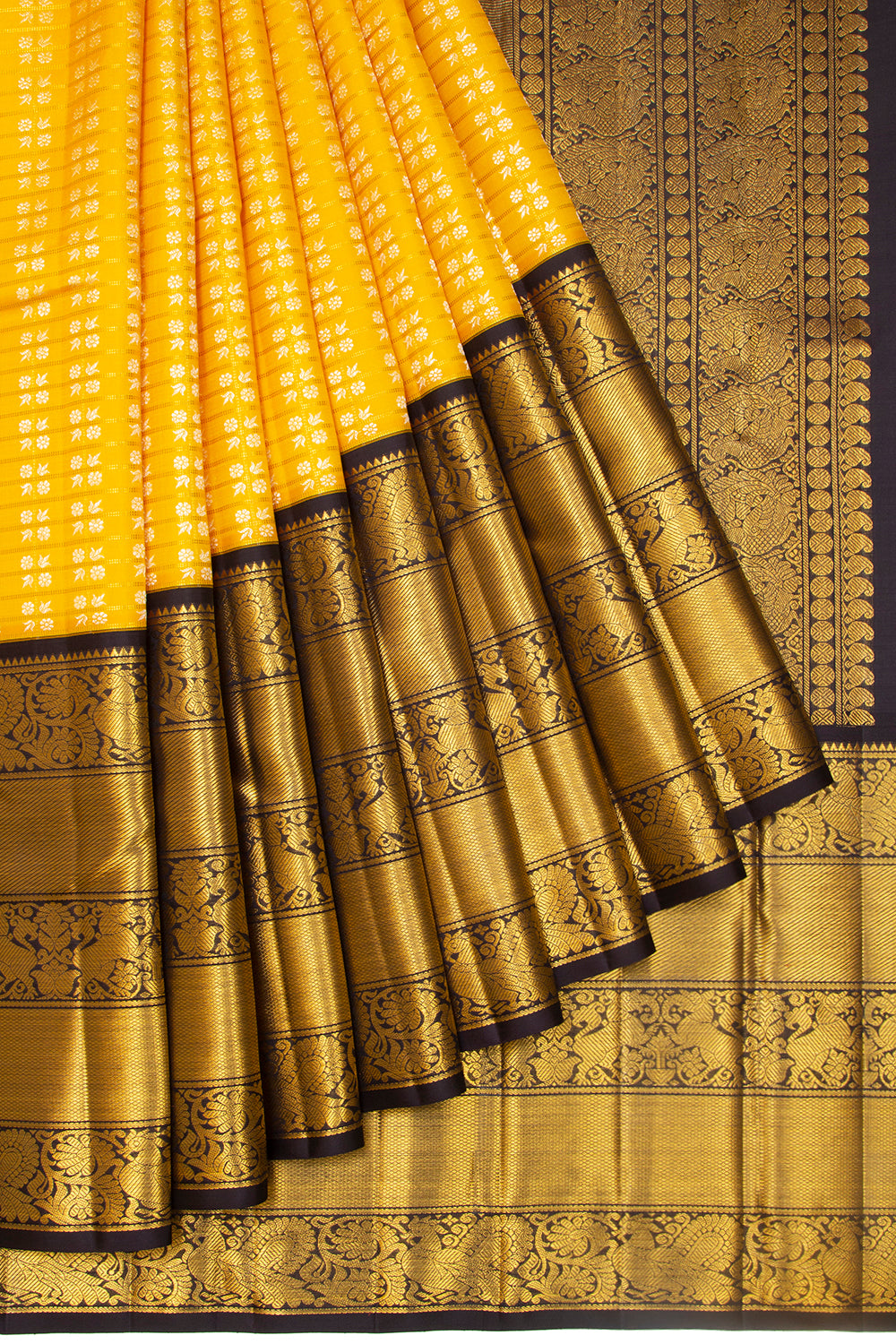 Kanchipuram Silk Checks And Butta Yellow Saree