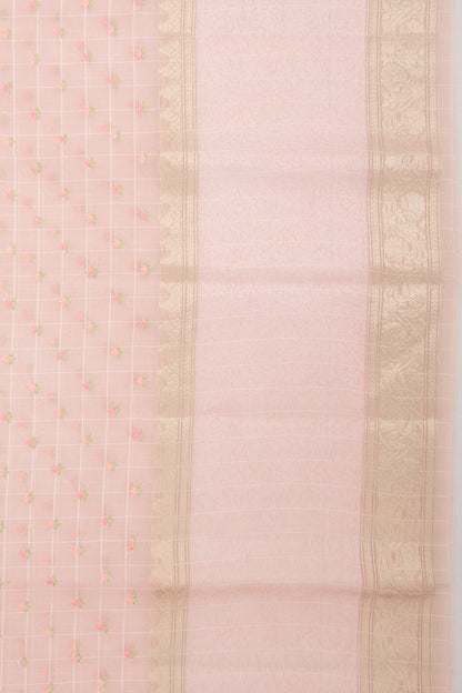Organza Checks And Embroidery Butta Baby Pink Saree