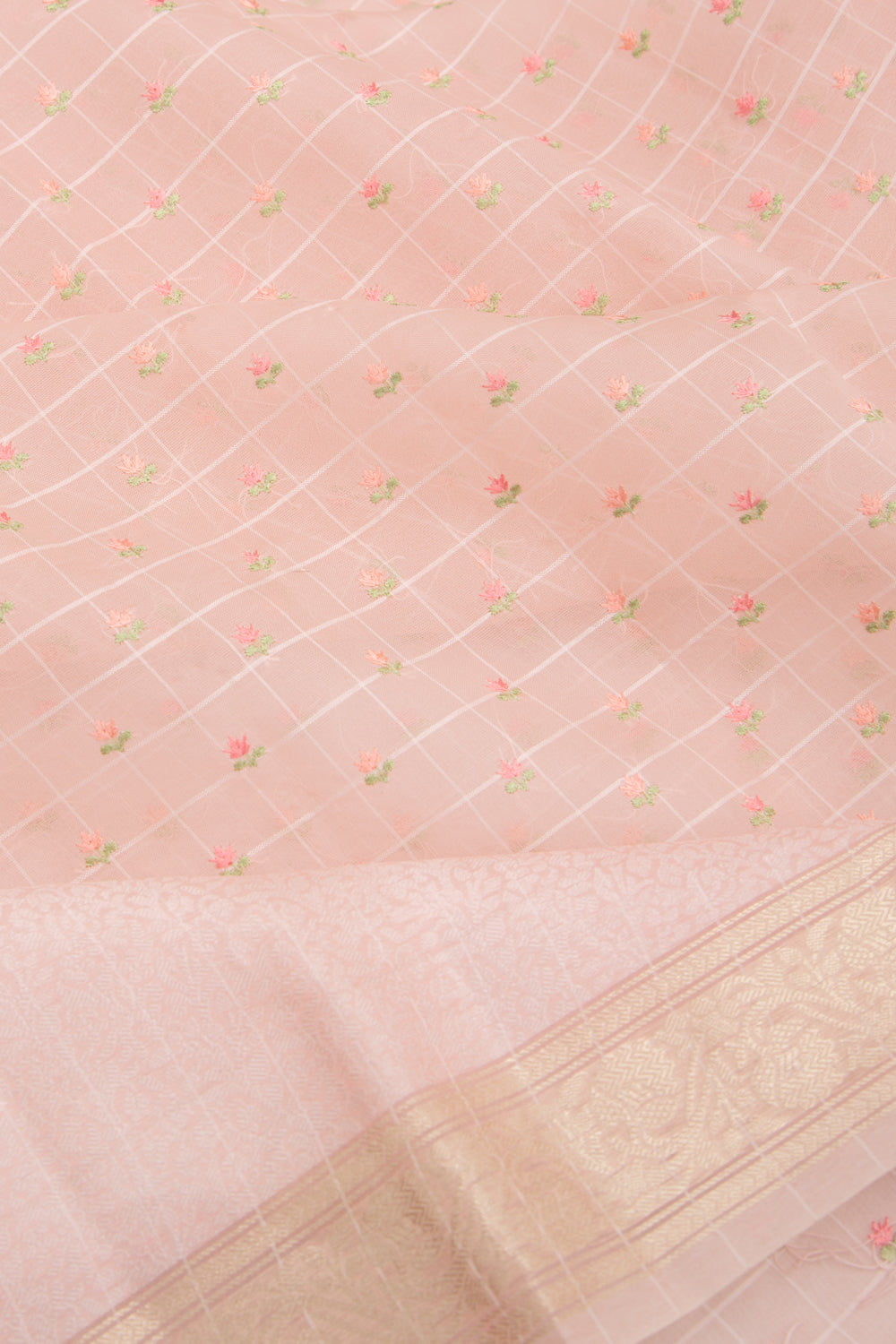 Organza Checks And Embroidery Butta Baby Pink Saree