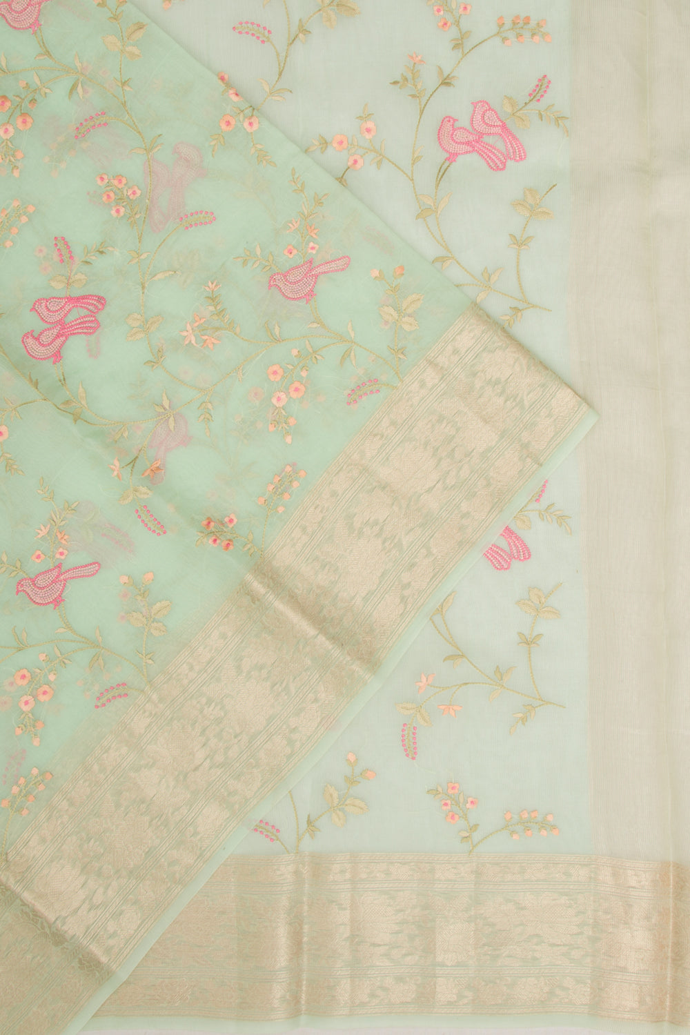 Organza Floral Embroidery Pastel Green Saree