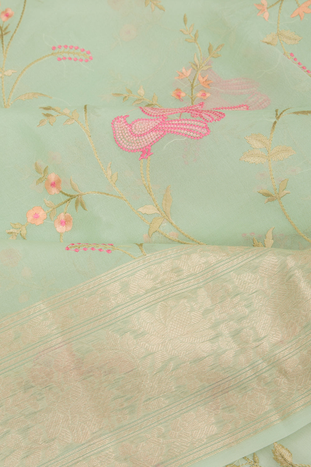 Organza Floral Embroidery Pastel Green Saree