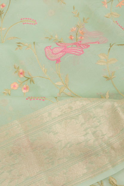 Organza Floral Embroidery Pastel Green Saree