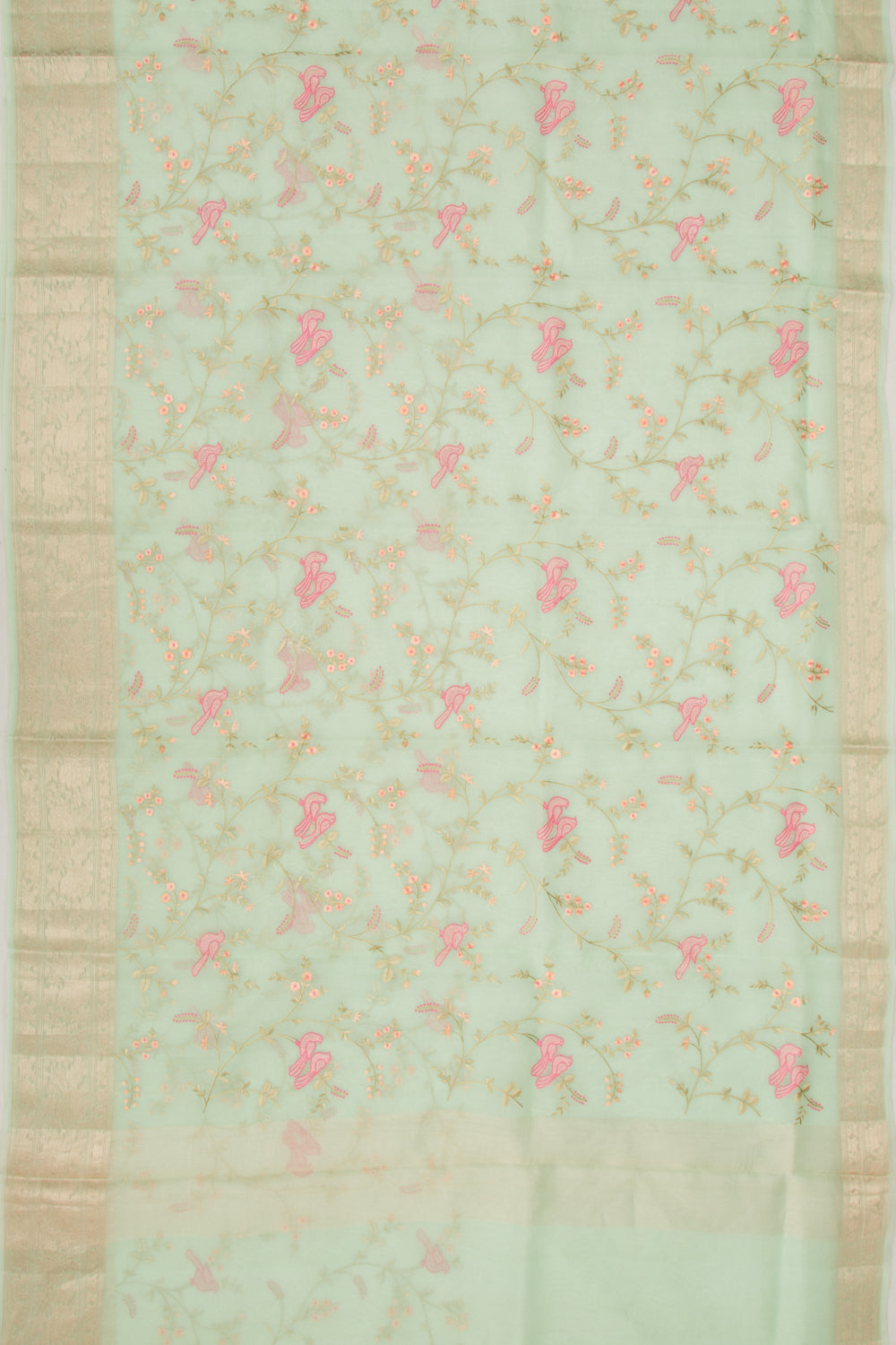 Organza Floral Embroidery Pastel Green Saree