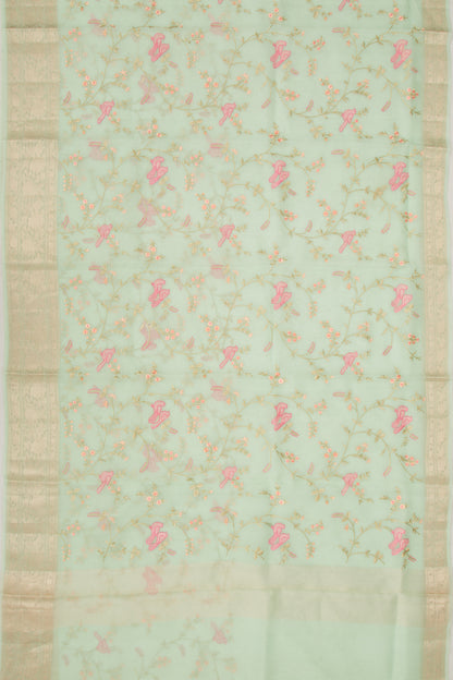Organza Floral Embroidery Pastel Green Saree
