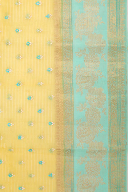 Organza Floral Embroidery Butta Yellow Saree