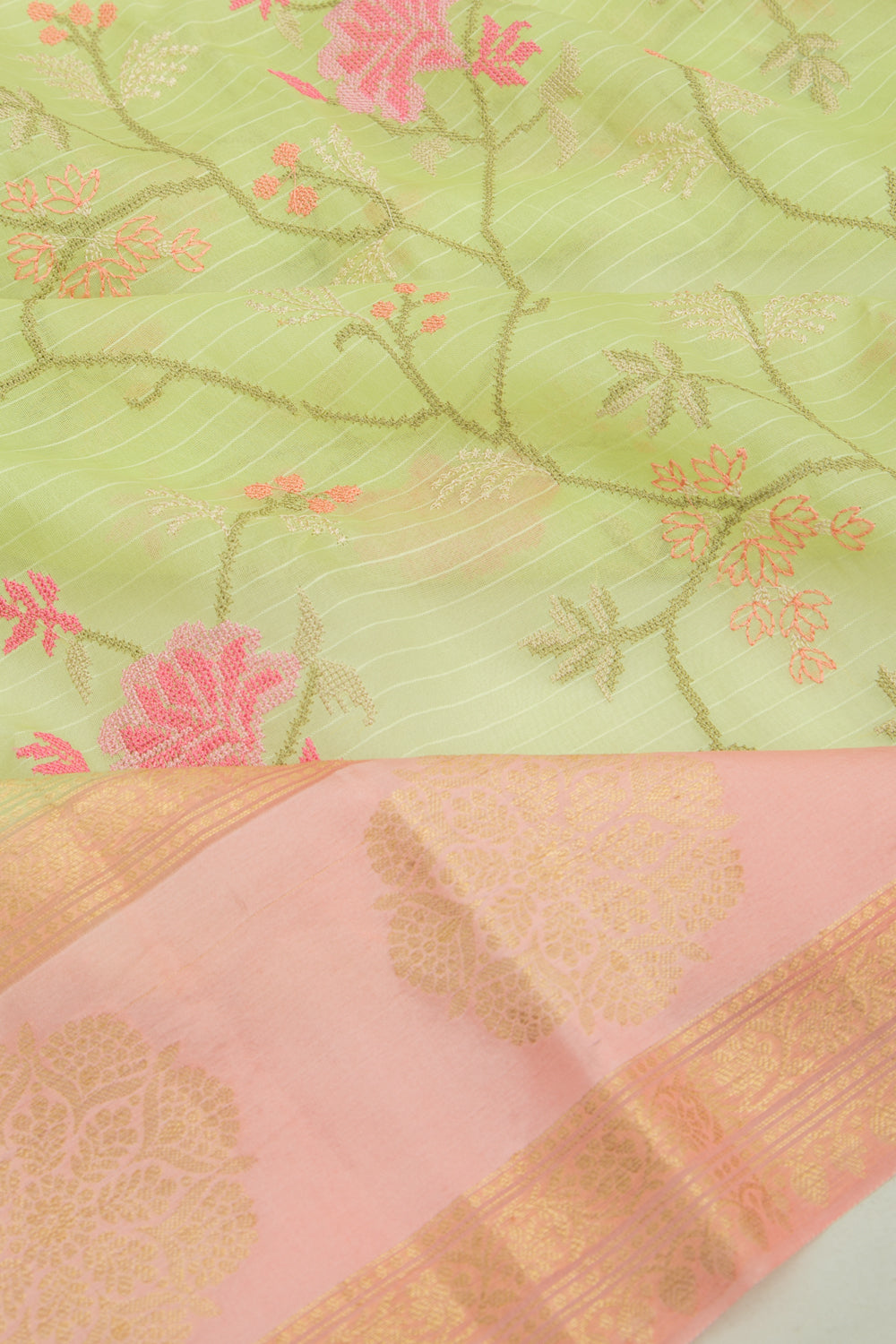 Organza Floral Embroidery Green Saree