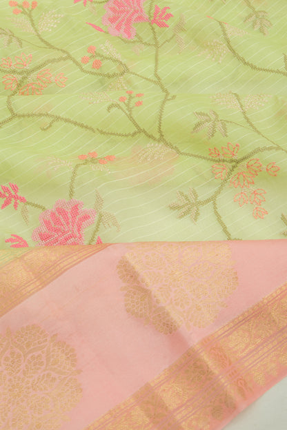 Organza Floral Embroidery Green Saree