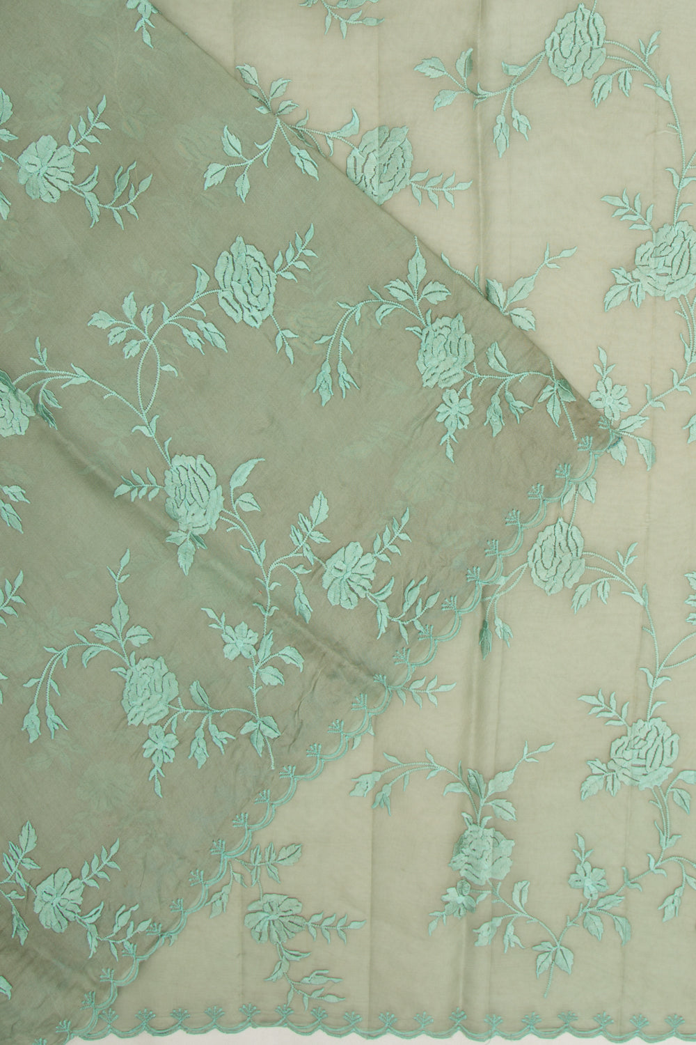Organza Floral Embroidery Sage Green Saree With Scallop Edge