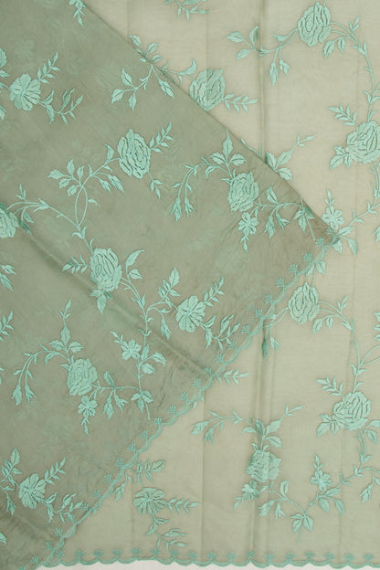 Organza Floral Embroidery Sage Green Saree With Scallop Edge