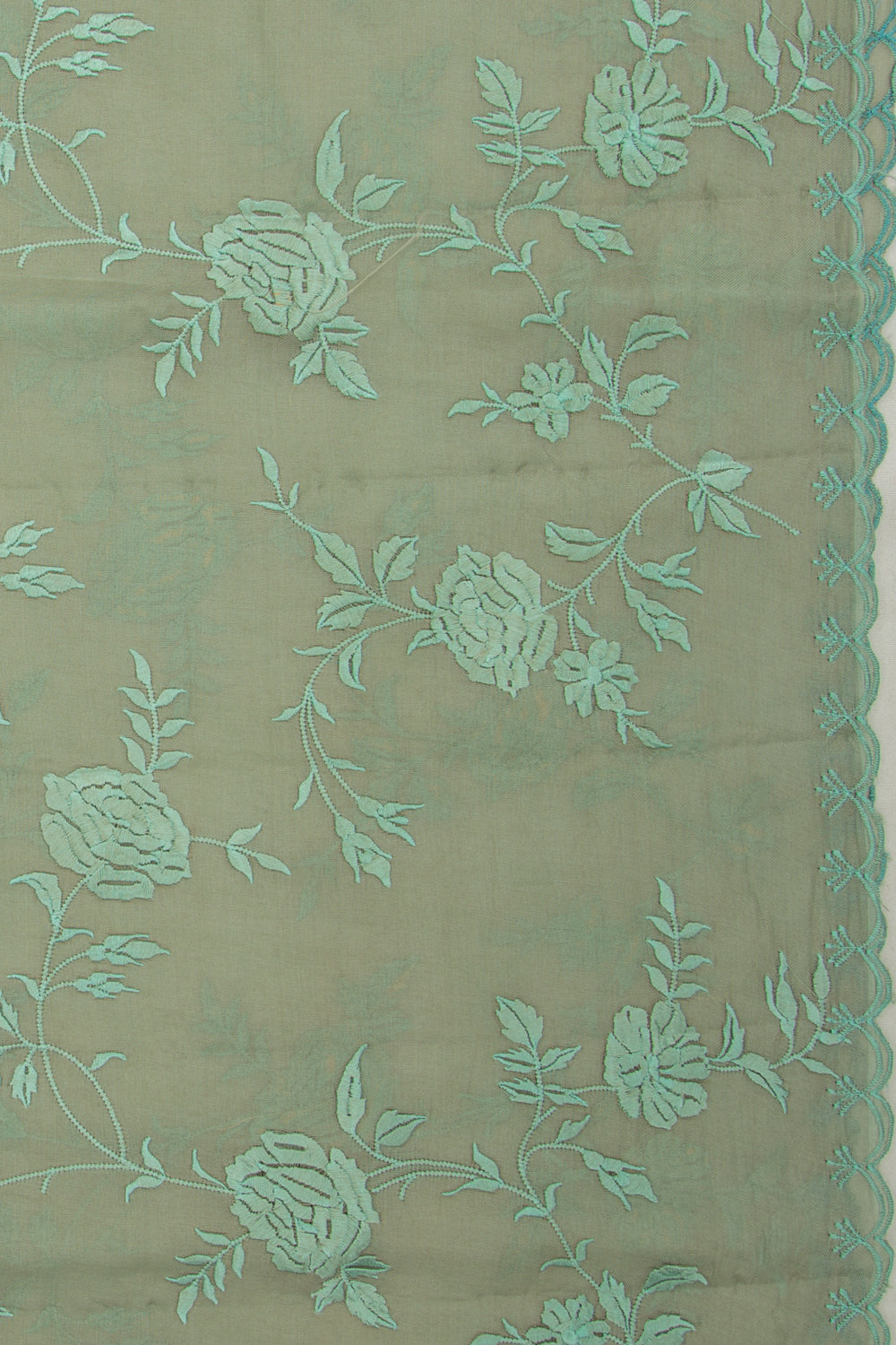 Organza Floral Embroidery Sage Green Saree With Scallop Edge