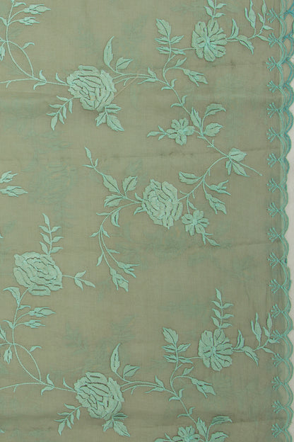 Organza Floral Embroidery Sage Green Saree With Scallop Edge