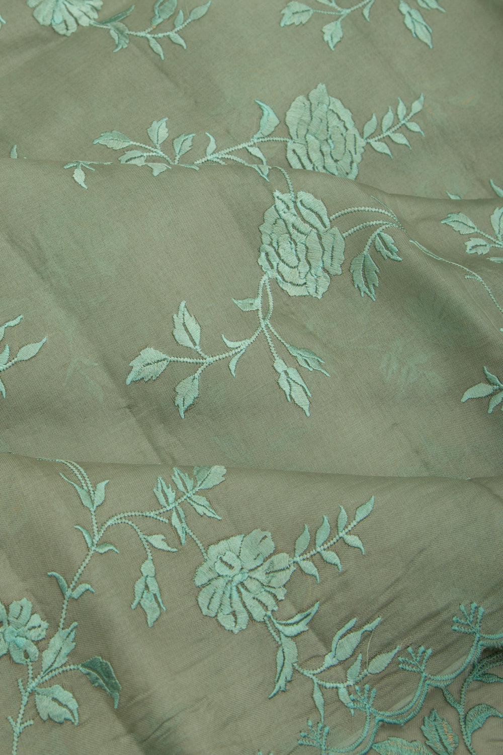 Organza Floral Embroidery Sage Green Saree With Scallop Edge