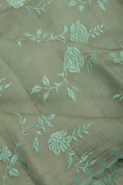 Organza Floral Embroidery Sage Green Saree With Scallop Edge