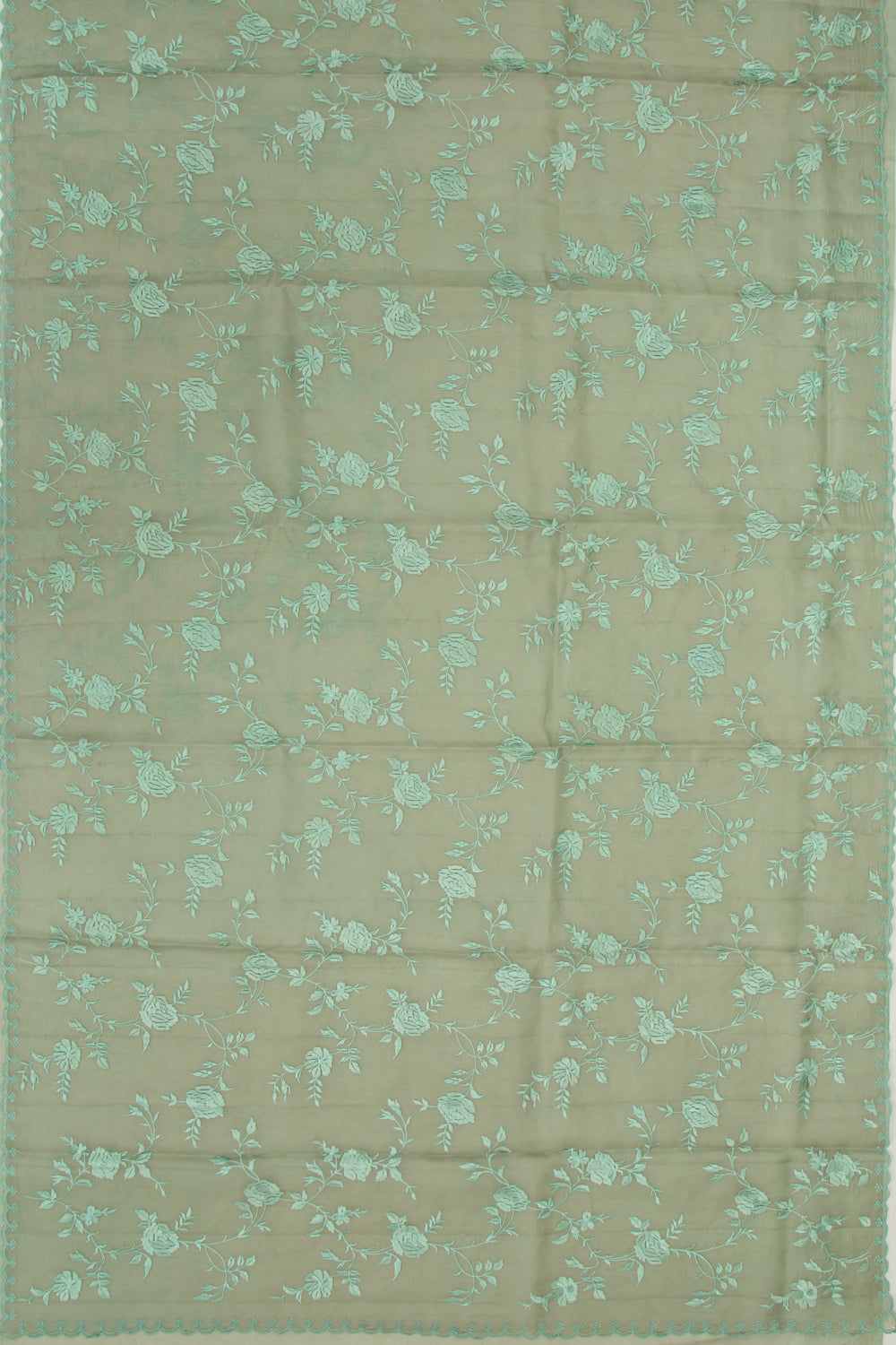 Organza Floral Embroidery Sage Green Saree With Scallop Edge