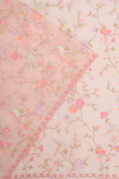Organza Floral Embroidery Peach Saree With Scallop Edge
