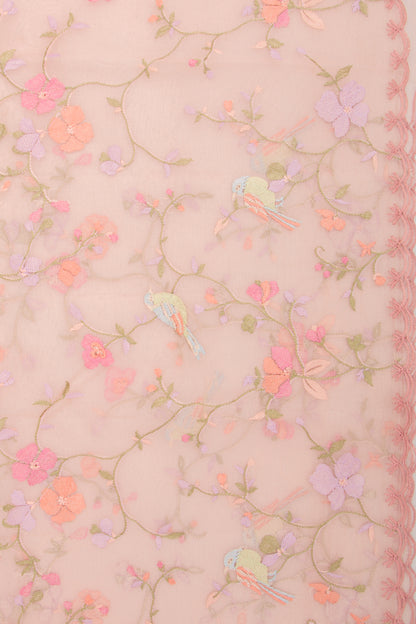 Organza Floral Embroidery Peach Saree With Scallop Edge