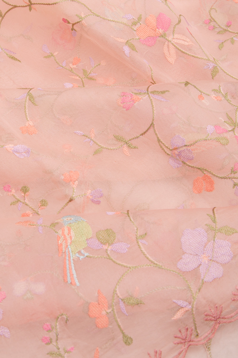 Organza Floral Embroidery Peach Saree With Scallop Edge