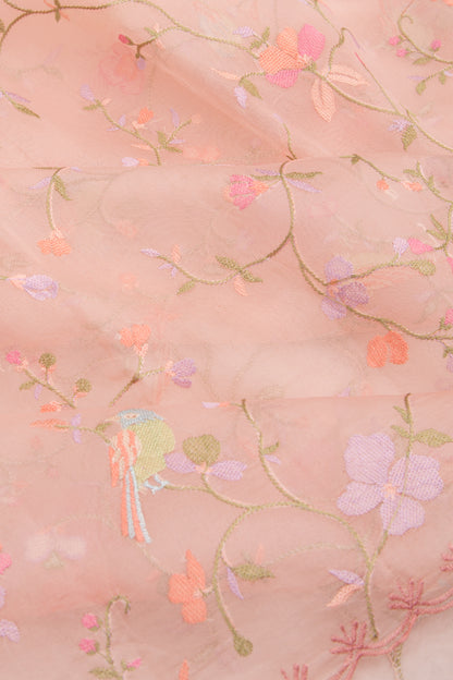 Organza Floral Embroidery Peach Saree With Scallop Edge