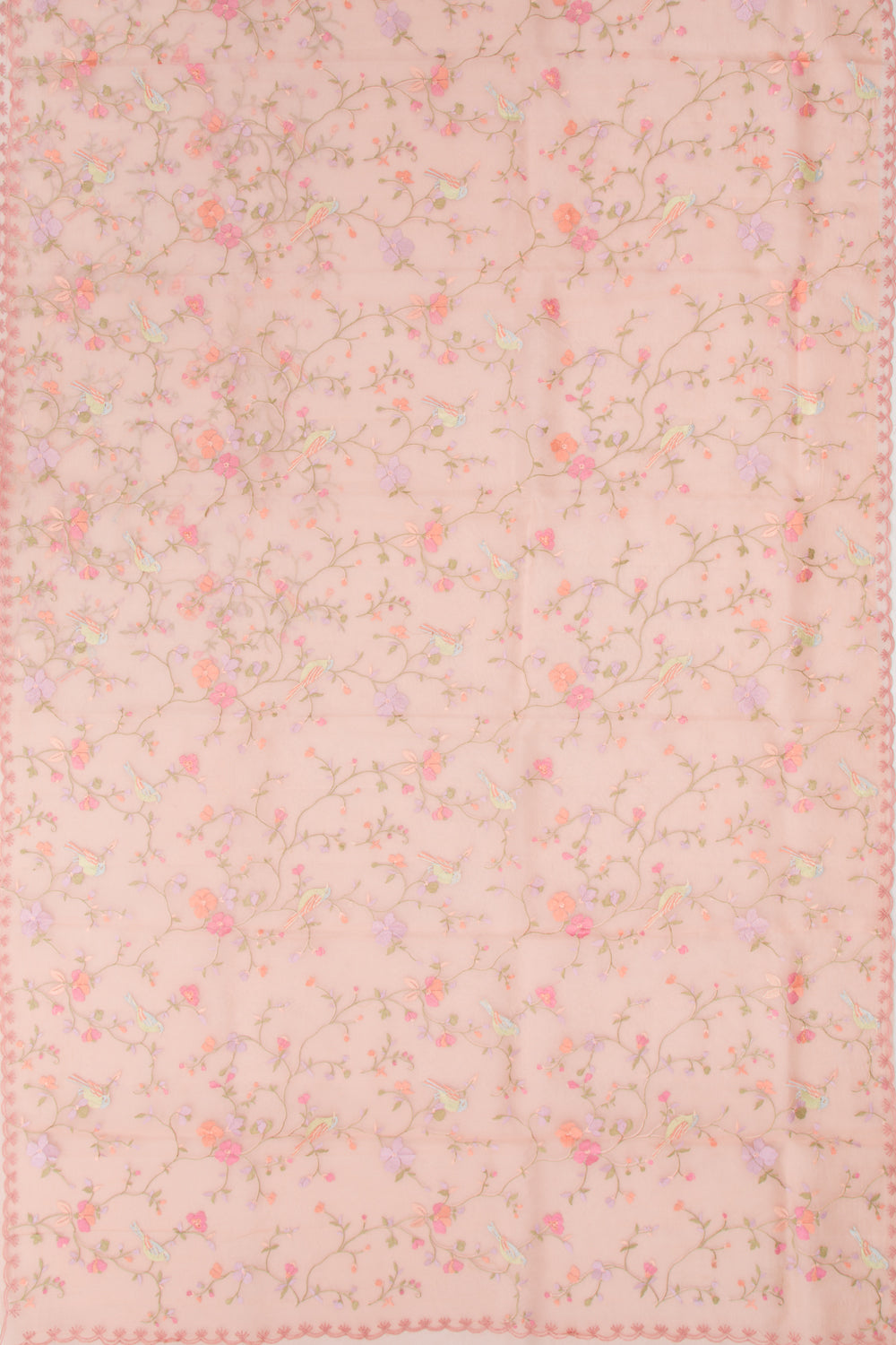 Organza Floral Embroidery Peach Saree With Scallop Edge