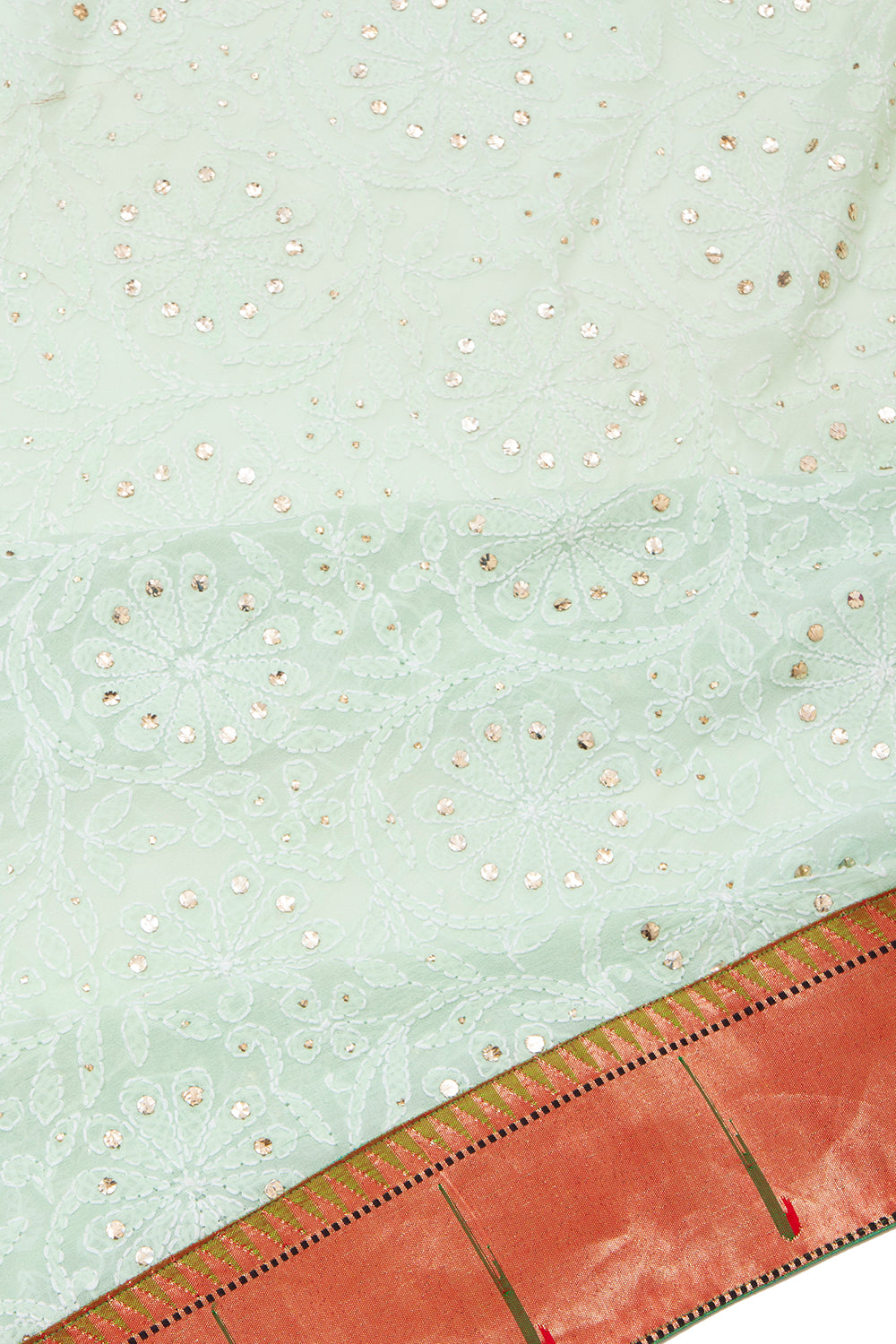 Lucknow Chikankari Georgette Mint Green Saree With Attached Paithani Border